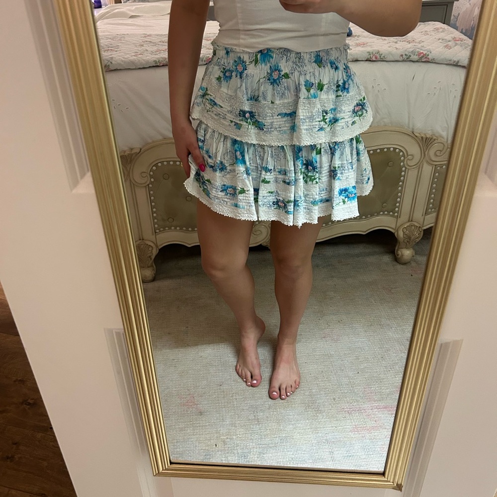 LoveShackFancy White and Blue Floral Mini Skirt